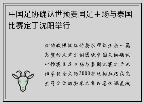 中国足协确认世预赛国足主场与泰国比赛定于沈阳举行