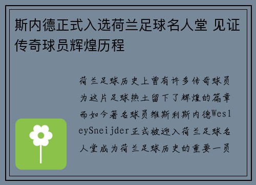 斯内德正式入选荷兰足球名人堂 见证传奇球员辉煌历程