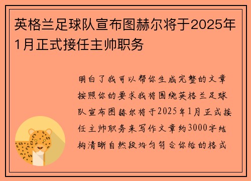 英格兰足球队宣布图赫尔将于2025年1月正式接任主帅职务