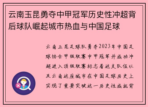 云南玉昆勇夺中甲冠军历史性冲超背后球队崛起城市热血与中国足球