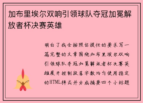 加布里埃尔双响引领球队夺冠加冕解放者杯决赛英雄
